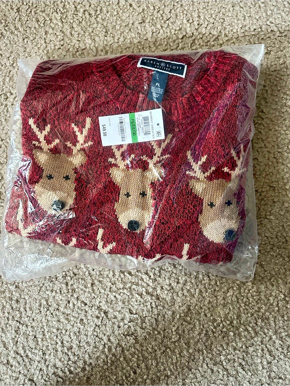Karen Scott Whimsy Sweater Reindeer Sweater in Red & Brown NWT